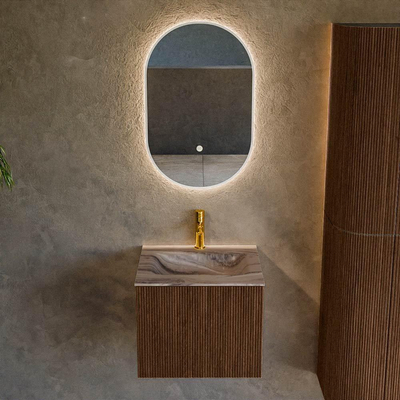 MONDIAZ KURVE-DLUX Meuble de salle de bains 50 cm couleur Walnut avec 1 tiroir et 0 porte. Lavabo GRUNNE Central 1 trou de robinet Sombra.