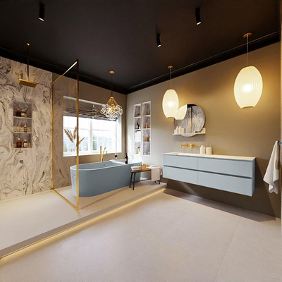 MONDIAZ VICA-DLUX Ensemble meuble de salle de bains - 150cm - meuble bas clay - 4 tiroirs - lavabo encastré cloud à gauche - sans trous de robinet - version haute 60cm - glace