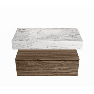 Mondiaz ALAN-DLUX Ensemble de meuble salle de bain - 90cm - 1 tiroir - lavabo suspendu CLOUD - Glace - milieu - sans trou de robinet - Mocha