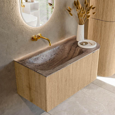 MONDIAZ KURVE-DLUX Meuble de salle de bains 95cm arrondi à droite couleur Chêne avec 1 tiroir et 1 porte. Plan-vasque BIG SMALL à gauche sans trou de robinet Oza.