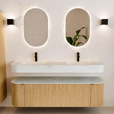 MONDIAZ THOR-DLUX 160cm meuble de salle de bains arrondi gauche + droite couleur Oak avec 1 tiroir et 2 portes. Vasque suspendue CLOUD Double 2 trous de robinet couleur Opalo.