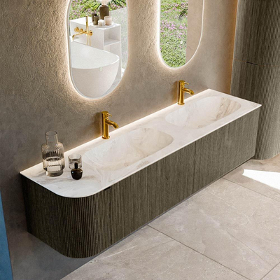 Mondiaz KURVE-DLUX Ensemble de meuble de salle de bains - 175x46x40cm - 2 tiroirs - 1 porte - lavabo solid surface - double / droit - 2 trous de robinet - Shadow