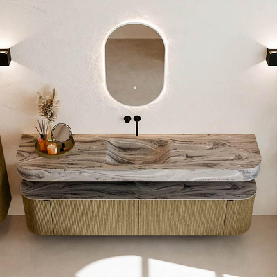 MONDIAZ THOR-DLUX Meuble de salle de bains 190cm arrondi gauche + droite couleur Dusk avec 2 tiroirs et 2 portes. Vasque suspendue CLOUD Milieu sans trou de robinet couleur Sombra.