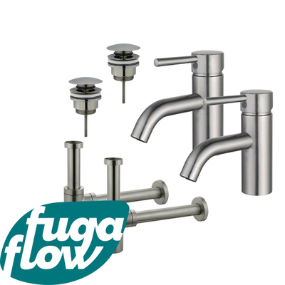 FugaFlow Eccelente Sobrado Badkamer Wastafelkraanset - voor dubbele wastafel - lage wastafelkraan - klikwaste plug - design sifon - PVD Geborsteld RVS
