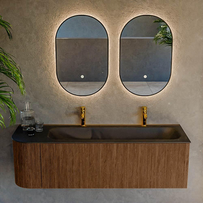 MONDIAZ KURVE 145cm Meuble salle de bain avec module 25 G - couleur Walnut - 1 tiroir - 1 porte - vasque BIG LARGE droite - 2 trous de robinet - Urban