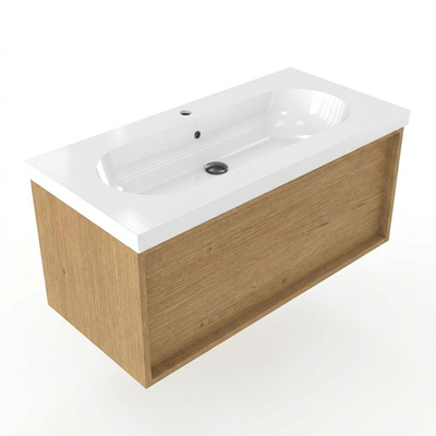 Saniclass Holz Frame Ensemble meuble de salle de bains - 100x45x43.5cm - lavabo en céramique Palermo blanc - 1 vasque - 1 trou de robinetterie - 1 tiroir - chêne natural mat (bois)