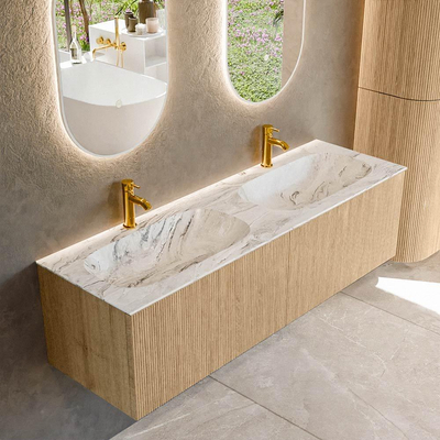 MONDIAZ KURVE-DLUX 150cm Meuble salle de bain - couleur Oak - 2 tiroirs - vasque STOR SMALL double - 2 trous de robinet - couleur Glace