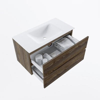 Mondiaz VICA ensemble de meuble de salle de bain - 90cm - meuble sous-vasque marron foncé gris - 2 tiroirs - lavabo nuage milieu - 1 trou de robinet - version haute de 60cm - talc