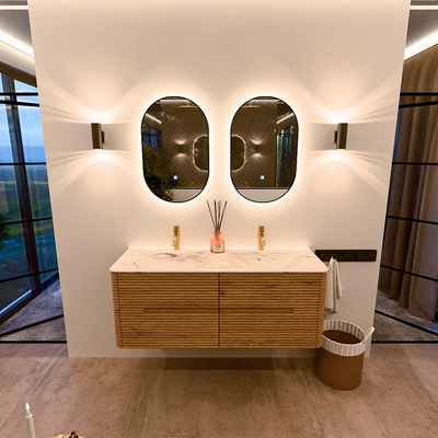 Mondiaz CIRO-DLUX Badkamermeubelset - 130x45x50cm - Solid surface wastafel Nata - 2 wasbak Dubbel - 2 kraangaten - 4 lades - Oak