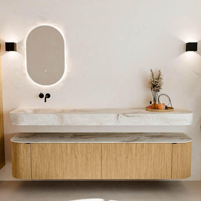 MONDIAZ THOR-DLUX 200cm meuble de salle de bains arrondi gauche + droite couleur Oak avec 2 tiroirs et 2 portes. Vasque suspendue CLOUD Gauche sans trou de robinet couleur Frappe.