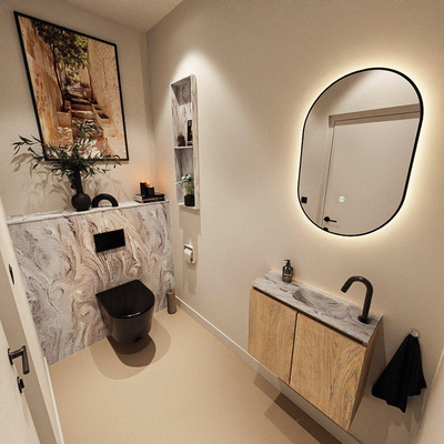 MONDIAZ TURE-DLUX Meuble toilette - 60cm - Washed Oak - EDEN - vasque Glace - position droite - 1 trou de robinet