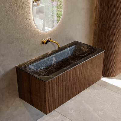 MONDIAZ KURVE-DLUX 100cm badmeubel kleur Walnut met 1 lade. Wastafel BIG MEDIUM midden zonder kraangat kleur Lava.