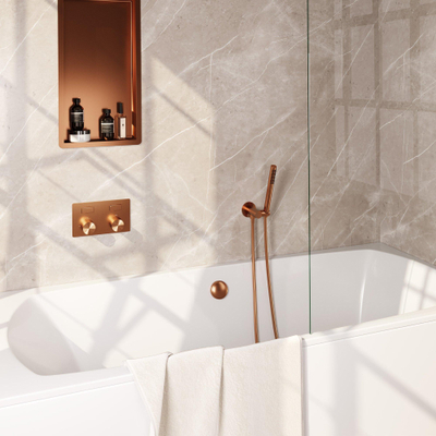 BRAUER Stripe Thermostatische Badkraan - drukknoppen - SET 03 - inbouw - badvulcombinatie - staaf handdouche - doucheslang - wandaansluitbocht - koper geborsteld PVD