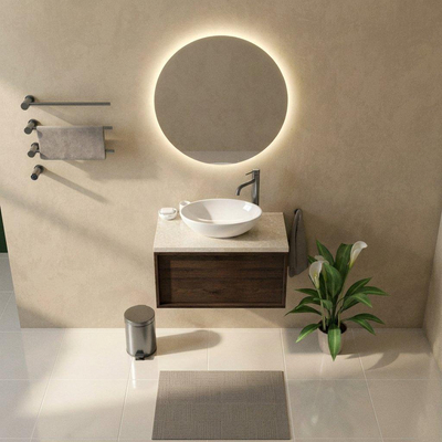 Saniclass Holz Frame Ensemble meuble salle de bains - 80x45x43cm - Plateau en pierre naturelle travertin - 1 trou de robinetterie - 1 tiroir - chêne charcoal mat (bois)