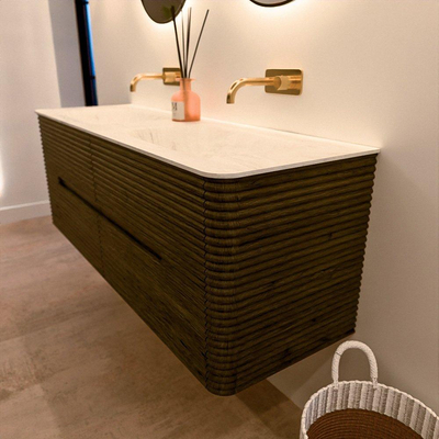 Mondiaz CIRO-DLUX Meuble de salle de bains - 140x45x50cm - Plan vasque solid surface Opalo - 2 vasques double - sans trous de robinetterie - 4 tiroirs - Shadow