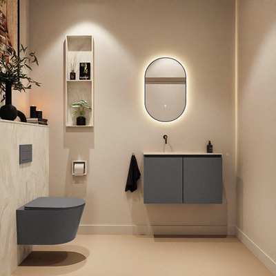 MONDIAZ TURE-DLUX Meuble toilette - 80cm - Dark Grey - EDEN - vasque Ostra - position gauche - sans trou de robinet