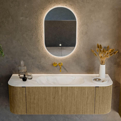 Mondiaz KURVE-DLUX Ensemble de meuble salle de bain - 140x46x40cm - 1 tiroir - 2 portes - lavabo en solid surface - milieu - sans trou de robinet - Dusk