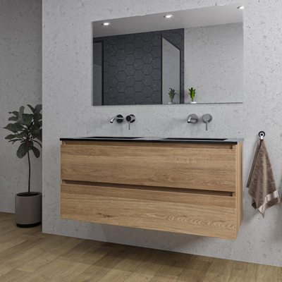 Saniclass Chaci Ensemble meuble de salle de bains - 120x46x55cm - lavabo céramique noir - 2 vasques - sans trous de robinetterie - 2 tiroirs - miroir rectangulaire - chêne