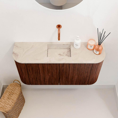 Mondiaz JOYA-DLUX 83.2cm toiletmeubel - ronding links en rechts kleur Ruby - Wastafel FAYE positie Midden Zonder kraangat kleur Frappe.