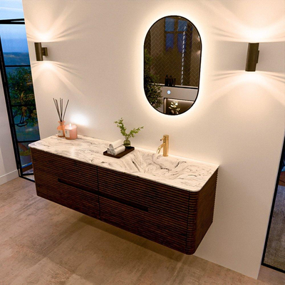 Mondiaz CIRO-DLUX Badkamermeubelset - 160x45x50cm - Solid surface wastafel Glace - 1 wasbak Rechts - 1 kraangat - 4 lades - Walnut