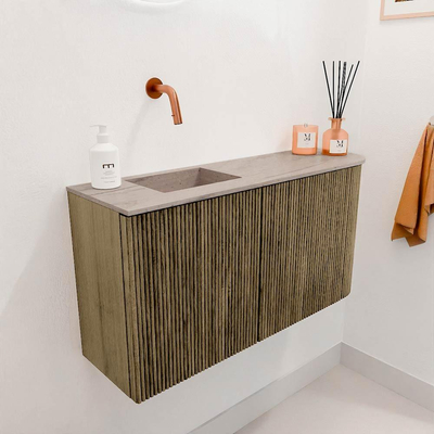 Mondiaz JOYA-DLUX 81.6cm toiletmeubel - ronding rechts kleur Dusk - Wastafel FAYE positie Links Zonder kraangat kleur Saba.