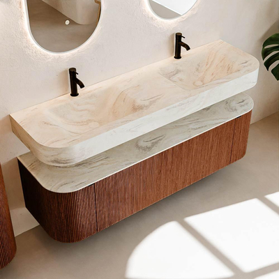 MONDIAZ THOR-DLUX 160cm meuble de salle de bains arrondi gauche + droite couleur Ruby avec 1 tiroir et 2 portes. Vasque suspendue CLOUD Double 2 trous de robinet couleur Ostra.