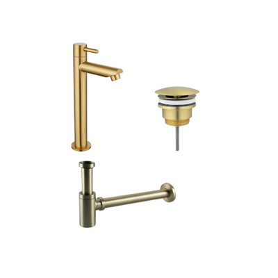 Fortifura Calvi Fonteinkraanset - staande fonteinkraan - laag - always open plug - design - sifon - PVD - geborsteld messing (goud)