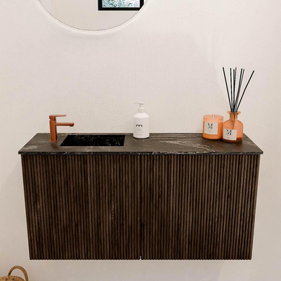 Mondiaz JOYA-DLUX 80cm toiletmeubel - kleur Walnut - Wastafel FAYE positie Links 1 kraangat kleur Lava.