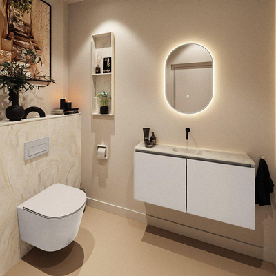 MONDIAZ TURE-DLUX Meuble toilette - 100cm - Linen - EDEN - vasque Ostra - position centrale - sans trou de robinet