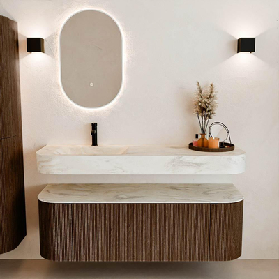 MONDIAZ THOR-DLUX Meuble de salle de bains 140cm arrondi gauche + droite couleur Walnut avec 1 tiroir et 2 portes. Vasque suspendue CLOUD Gauche 1 trou de robinet couleur Ostra.