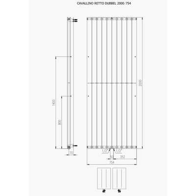 Plieger Cavallino Retto designradiator verticaal dubbel middenaansluiting 2000x754mm 2146W wit