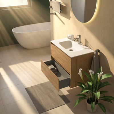 Saniclass Holz Pure Ensemble de meubles de salle de bains - 80x45x61.5cm - Flow lavabo en solid surface blanc - 1 vasque - 1 trou de robinet - 2 tiroirs - chêne natural mat (bois)