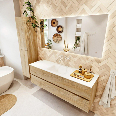 MONDIAZ VICA meuble sous lavabo 150cm Chêne blanchi 2 tiroirs. Lavabo CLOUD central sans trou de robinet, couleur Talc.