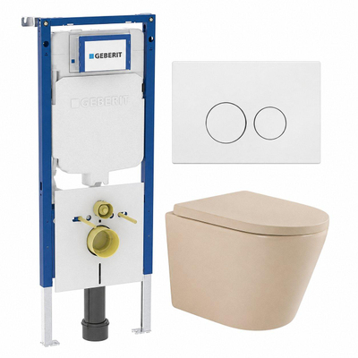 QeramiQ Dely Toiletset - 36.3x51.7cm - diepspoel - rimless - Geberit UP720 inbouwreservoir - softclose toilet zitting - 35mm - mat witte bedieningsplaat - ronde knoppen - mat beige