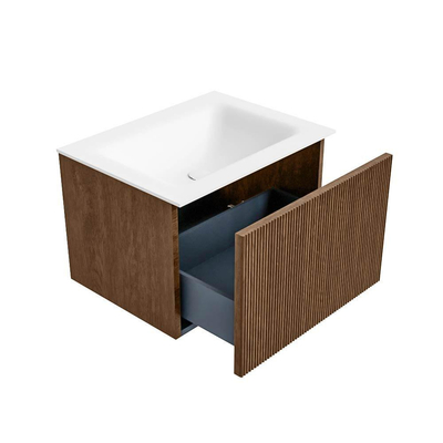 MONDIAZ KURVE 60cm Meuble salle de bain - couleur Walnut - 1 tiroir - vasque CLOUD centre - 1 trou de robinet - Talc