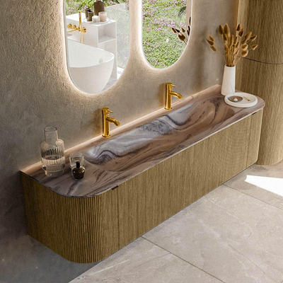 MONDIAZ KURVE-DLUX 170cm badmeubel ronding Links + Rechts kleur Dusk met 1 lade en 2 deuren. Wastafel BIG LARGE Midden 2 kraangaten Sombra.