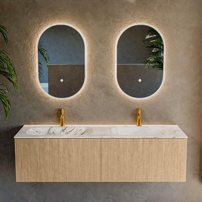 MONDIAZ KURVE-DLUX 150cm Meuble salle de bain - couleur Oak - 2 tiroirs - vasque STOR SMALL double - 2 trous de robinet - couleur Glace