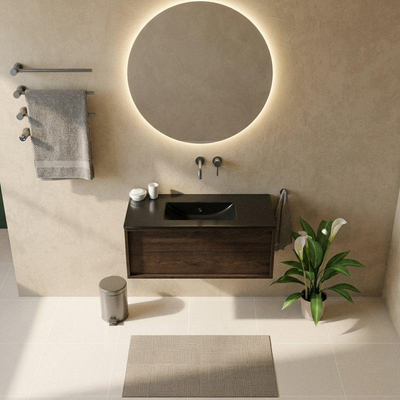 Saniclass Holz Frame Ensemble de meubles de salle de bains - 100x45x42cm - Lavabo Vygo en céramique noir - 1 vasque - sans trou de robinet - 1 tiroir - chêne charcoal mat (bois)