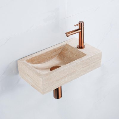 FugaFlow Eccelente Pietra Ensemble de fontaine - 40x22x10cm - trou de robinet à droite - robinet de fontaine en cuivre brossé PVD - bouchon de vidange - siphon abaissé - pierre naturelle marbrée