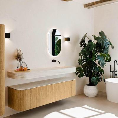 MONDIAZ THOR-DLUX Meuble de salle de bains 170cm arrondi gauche + droite couleur Oak avec 1 tiroir et 2 portes. Vasque suspendue CLOUD Droite sans trou de robinet couleur Meli.