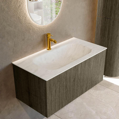 Mondiaz KURVE-DLUX Ensemble de meuble - 90x46x40cm - 1 tiroir - lavabo en solid surface - milieu - 1 trou de robinet - Shadow
