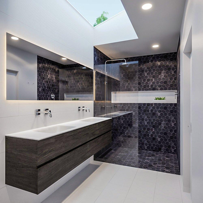 MONDIAZ VICA Ensemble de meuble salle de bain - 200cm - 4 tiroirs - lavabo Cloud double - 0 trous de robinet - solid surface marron foncé