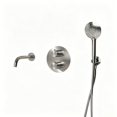 Fortifura Calvi Badkraan set - uitloop - 22cm inkortbaar - rond bedieningspaneel - gladde slang - ronde handdouche - inbouwdeel - wandhouder - PVD - geborsteld RVS