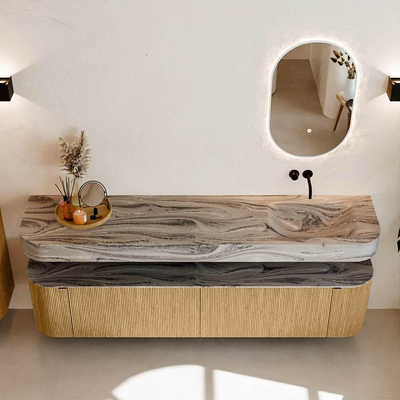 MONDIAZ THOR-DLUX 200cm badmeubel ronding links + rechts kleur Oak met 2 lades en 2 deuren. Vrijhangende wastafel CLOUD Rechts zonder kraangat kleur Sombra.