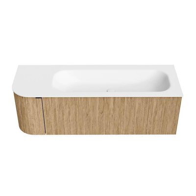 MONDIAZ KURVE 135cm meuble de salle de bains avec module 25 L couleur Oak avec 1 tiroir et 1 porte. Lavabo BIG MEDIUM à droite 1 trou de robinet Talc.