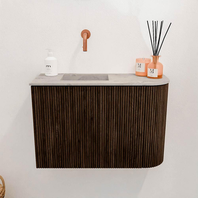 Mondiaz JOYA-DLUX Meuble de salle de bains 61,6cm - arrondi droit couleur Noyer - Vasque FAYE position Gauche Sans trou de robinet couleur Glace