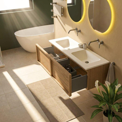 Saniclass Holz Frame Ensemble meuble de salle de bains - 140x45x57.5cm - lavabo Torino en solid surface blanc - sans trou de robinet - 2 tiroirs - chêne natural mat (bois)