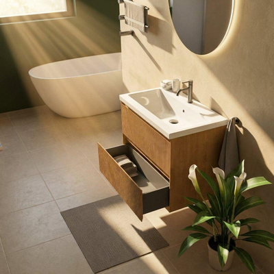 Saniclass Holz Atelier Ensemble meuble de salle de bains - 80x45x63.5cm - Lavabo Bari en céramique blanc - 1 vasque - 1 trou de robinetterie - 2 tiroirs - chêne natural mat (bois)