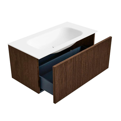 MONDIAZ KURVE 90cm badmeubel kleur Walnut met 1 lade. Wastafel BIG SMALL midden zonder kraangat Talc.