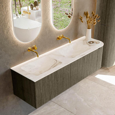 Mondiaz KURVE-DLUX Ensemble de meuble de salle de bains - 155x46x40cm - 2 tiroirs - 1 porte - vasque solid surface - double / gauche - sans trou de robinet - Shadow